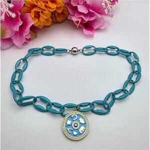 Blue Chunky Chain Necklace, Evil Eye Charm Pendant, Gold Tone Enamel Medallion